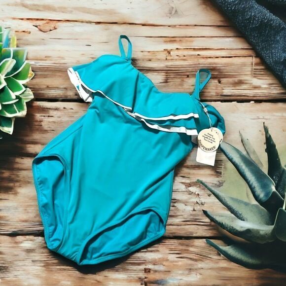 COCO REEF Contours Ruffled Strapless Tummy-Control One-Piece Swimsuit 36D, Aqua - Picture 9 of 9